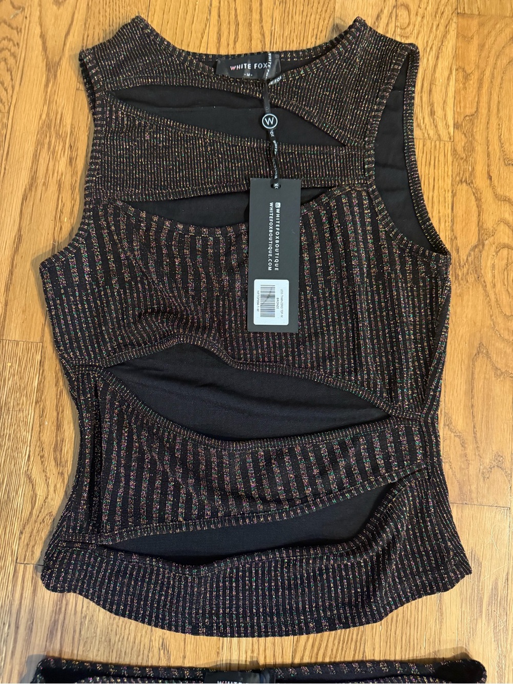 Black Metallic Striped Cutout Tank Top and Skirt